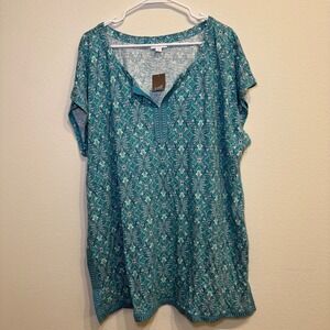 JJill 3X Blue Teal Green Medallion Print V-Neck Button Tab Tunic Top